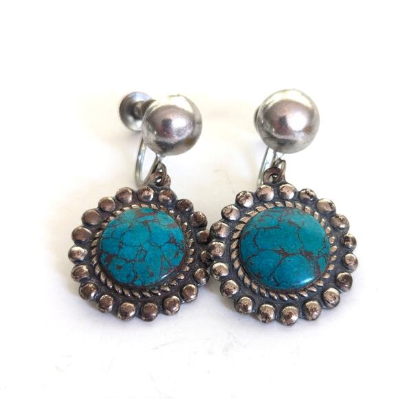 Vintage Silver Tone Southwestern Turquoise Cabochon Dangle Screwback Earrings - Picture 1 of 3